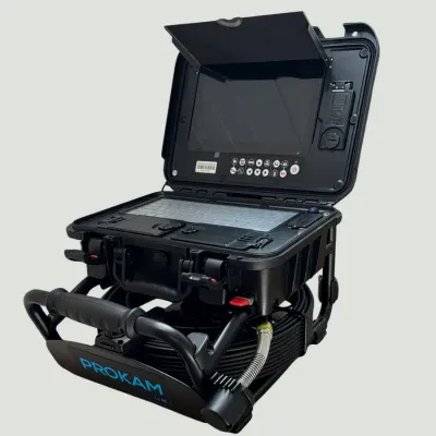 Caméra canalisation PROKAM PRO+® HD, écran ouvert sur son enrouleur
