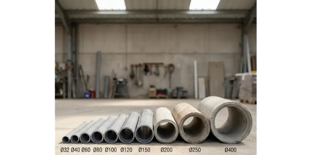 Tuyaux alignés par diamètre, de Ø32 à Ø400 mm, pour choisir le diamètre de tête de caméra adapté